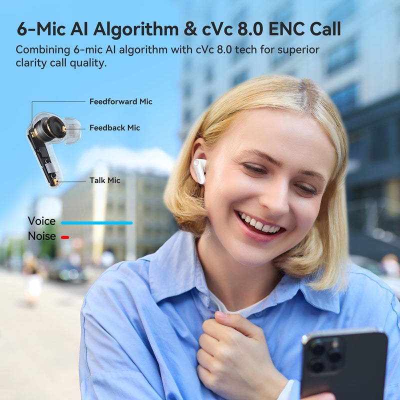 EarFun سماعات أذن لاسلكية Air Pro 4 مع تقنية إلغاء الضوضاء الهجينة التكيفية، صوت Qualcomm Snapdragon، aptX Lossless، 6 ميكروفونات AI CVC 8.0 للمكالمات، LDAC صوت عالي الدقة، 52 ساعة من وقت التشغيل، بلوتوث 5.4 (أبيض لامع) - Image 5
